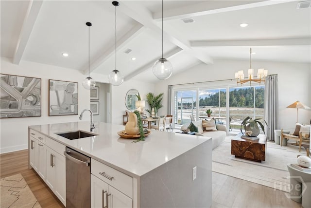 125 Mage St, Savannah, GA 31302 - kitchen with dishwasher, open floor plan, a chandelier, white cabinetry, and recessed lighting