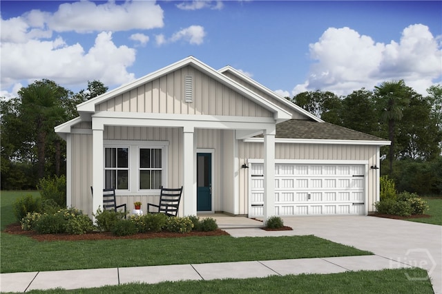 117 Mage St, Savannah, GA 31302 - view of front facade with a garage, driveway, a shingled roof, board and batten siding, and a front yard