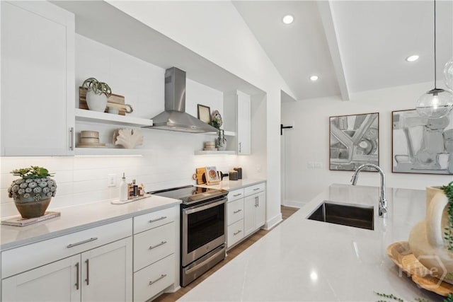 117 Mage St, Savannah, GA 31302 - kitchen with island range hood, electric range, open shelves, backsplash, and recessed lighting