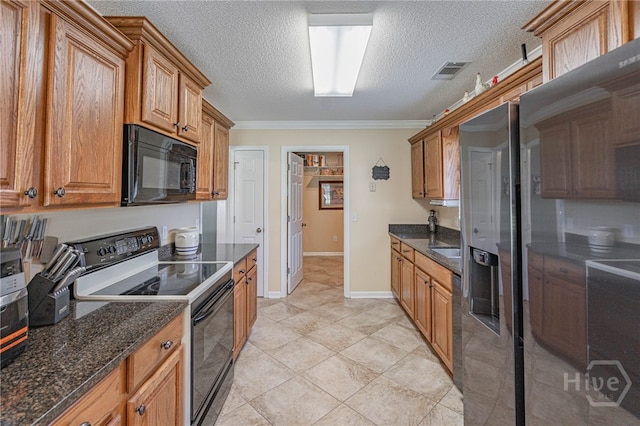 124 Jennifer Cir, Rincon, GA 31326 - kitchen with black appliances, brown cabinetry, a textured ceiling, crown molding, and dark stone counters