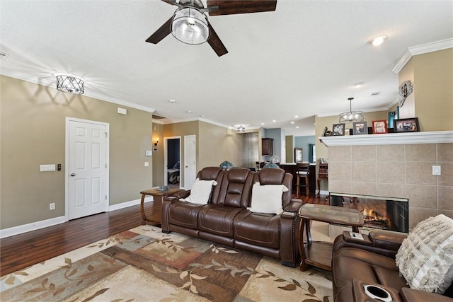 25 Savannah Ln, Richmond Hill, GA 31324 - living room featuring wood finished floors, ceiling fan, ornamental molding, and recessed lighting