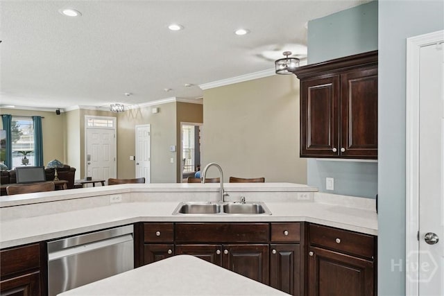 25 Savannah Ln, Richmond Hill, GA 31324 - kitchen featuring stainless steel dishwasher, light countertops, crown molding, dark brown cabinetry, and open floor plan