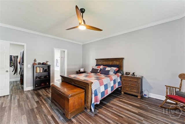 25 Savannah Ln, Richmond Hill, GA 31324 - bedroom featuring dark wood-type flooring, ornamental molding, a spacious closet, a ceiling fan, and connected bathroom