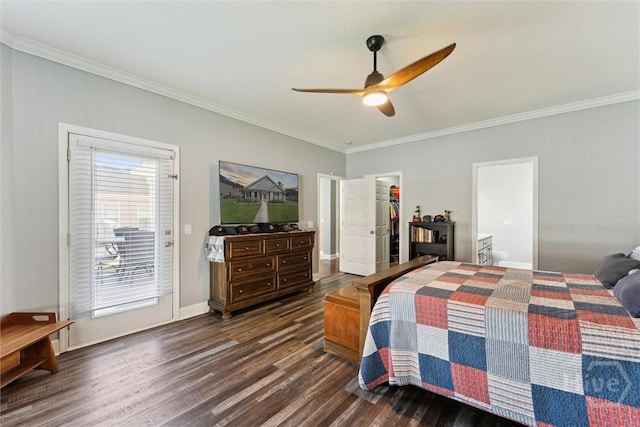 25 Savannah Ln, Richmond Hill, GA 31324 - bedroom featuring crown molding, dark wood-style floors, a walk in closet, ceiling fan, and access to outside