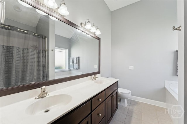 25 Savannah Ln, Richmond Hill, GA 31324 - full bathroom featuring double vanity, a bath, tile patterned floors, and a shower with shower curtain