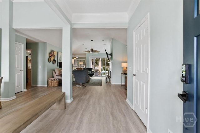 144 Summer Winds Dr, Savannah, GA 31410 - entrance foyer with light wood-type flooring, crown molding, and ceiling fan