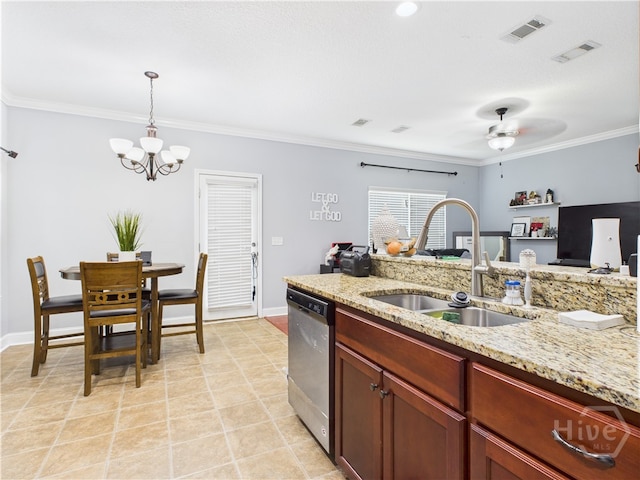 1207 Cypress Fall Cir, Hinesville, GA 31313 - kitchen with stainless steel dishwasher, a chandelier, crown molding, reddish brown cabinets, and pendant lighting