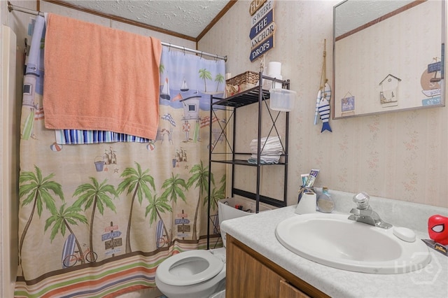101 Greene Dr, Rincon, GA 31326 - full bathroom featuring wallpapered walls, vanity, a textured ceiling, a shower with curtain, and crown molding