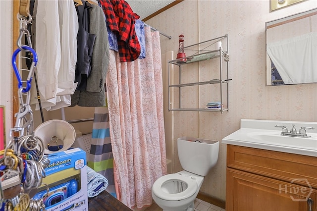 101 Greene Dr, Rincon, GA 31326 - bathroom with wallpapered walls, vanity, a shower with curtain, and tile patterned floors