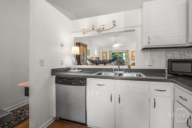 104 Shoals Dr Unit L8, Savannah, GA 31410 - kitchen with stainless steel dishwasher, a ceiling fan, dark countertops, and white cabinets