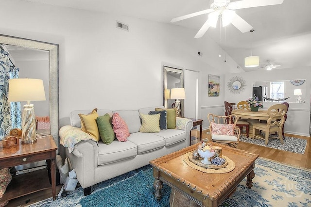 104 Shoals Dr Unit L8, Savannah, GA 31410 - living room with a ceiling fan, lofted ceiling, and wood finished floors