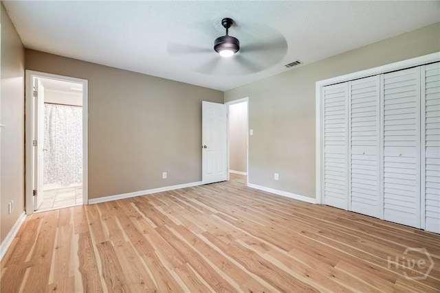 322 Suncrest Blvd, Savannah, GA 31410 - unfurnished bedroom featuring light wood-style floors, a closet, connected bathroom, and ceiling fan