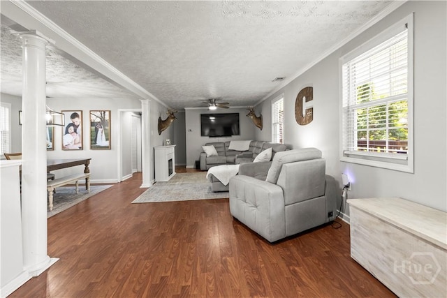 1001 Debbie St, Savannah, GA 31410 - living area with ornate columns, a textured ceiling, a ceiling fan, dark wood finished floors, and healthy amount of natural light