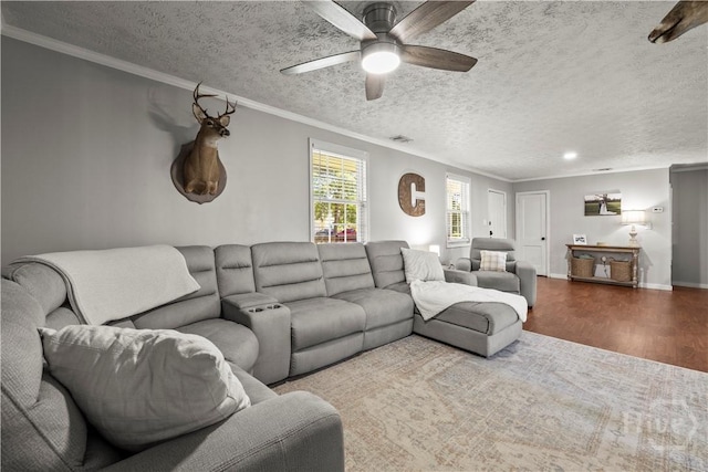 1001 Debbie St, Savannah, GA 31410 - living area featuring wood finished floors, ceiling fan, crown molding, and a textured ceiling