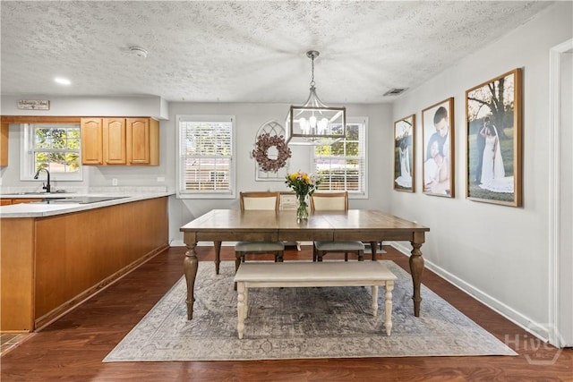 1001 Debbie St, Savannah, GA 31410 - dining room featuring a textured ceiling, healthy amount of natural light, dark wood-type flooring, and a chandelier