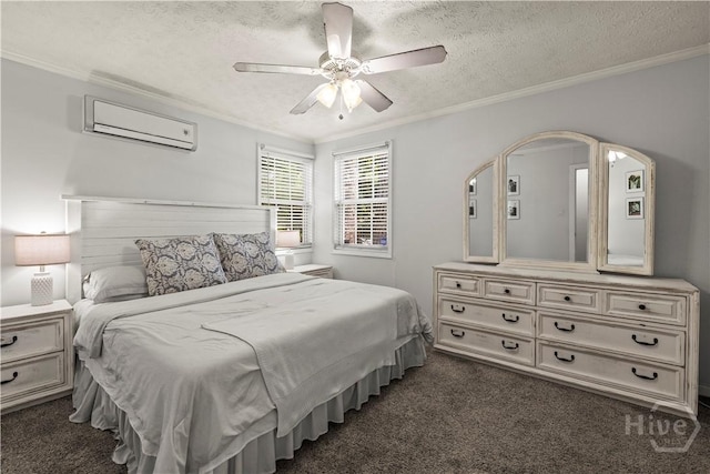 1001 Debbie St, Savannah, GA 31410 - bedroom with a wall unit AC, dark colored carpet, crown molding, a textured ceiling, and ceiling fan