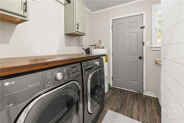 1001 Debbie St, Savannah, GA 31410 - laundry area featuring cabinet space, washing machine and dryer, dark wood-style flooring, ornamental molding, and a textured ceiling