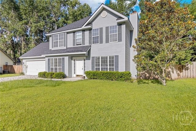 19 Avocet Way, Savannah, GA 31419 - traditional home featuring gravel driveway, a chimney, an attached garage, and a shingled roof
