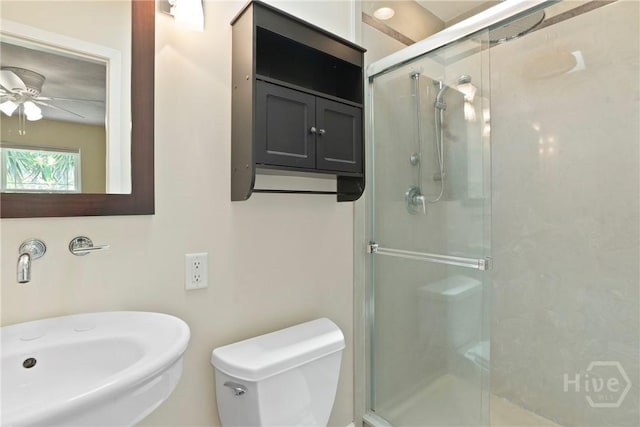13609 Rockingham Ct, Savannah, GA 31419 - bathroom featuring a stall shower and ceiling fan