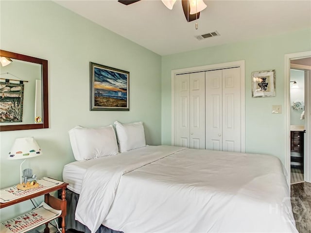 8 Silver Ave Unit 9, Tybee Island, GA 31328 - bedroom featuring a closet, ceiling fan, and wood finished floors