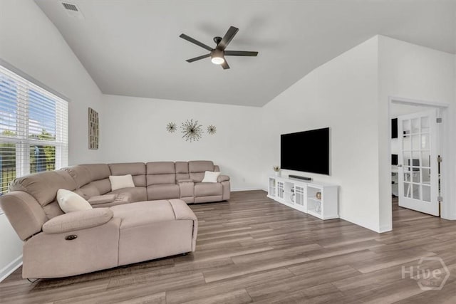 105 Jepson Way, Pooler, GA 31322 - living room featuring lofted ceiling, ceiling fan, and wood finished floors