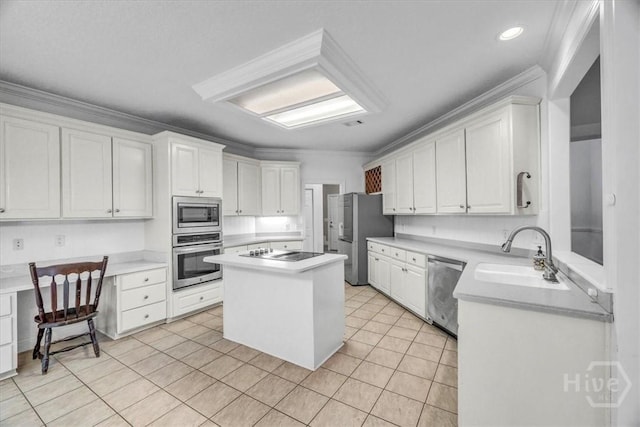 80 Windsong Dr, Richmond Hill, GA 31324 - kitchen featuring stainless steel appliances, crown molding, white cabinetry, light tile patterned flooring, and light countertops