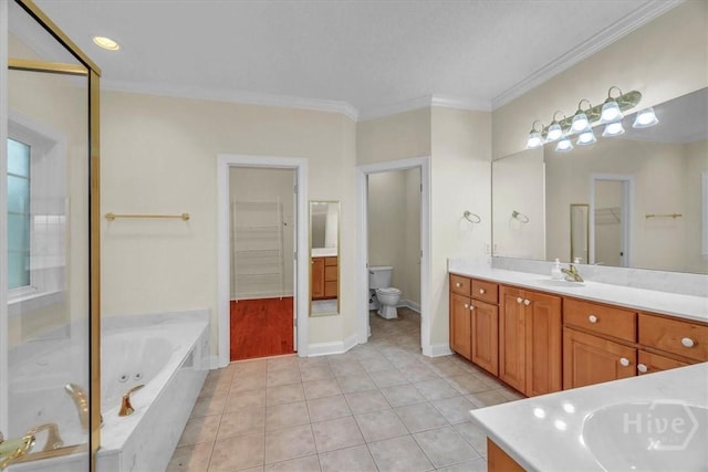 80 Windsong Dr, Richmond Hill, GA 31324 - bathroom featuring vanity, a garden tub, crown molding, and tile patterned floors