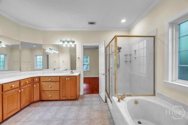80 Windsong Dr, Richmond Hill, GA 31324 - bathroom featuring a garden tub, crown molding, a stall shower, double vanity, and tile patterned floors