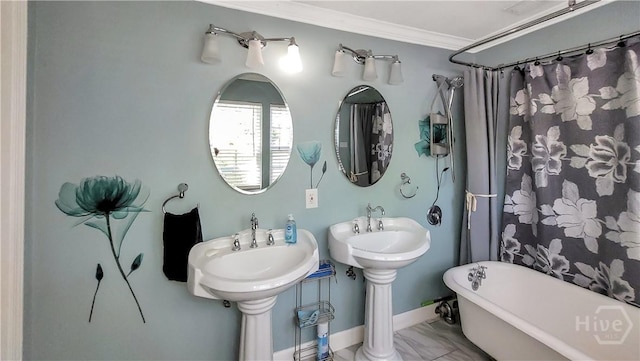 202 Columbus Dr, Savannah, GA 31405 - bathroom featuring a soaking tub, crown molding, curtained shower, and marble look tile flooring