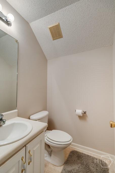 12 Crossing Dr, Richmond Hill, GA 31324 - half bath featuring vanity, vaulted ceiling, a textured ceiling, and tile patterned floors