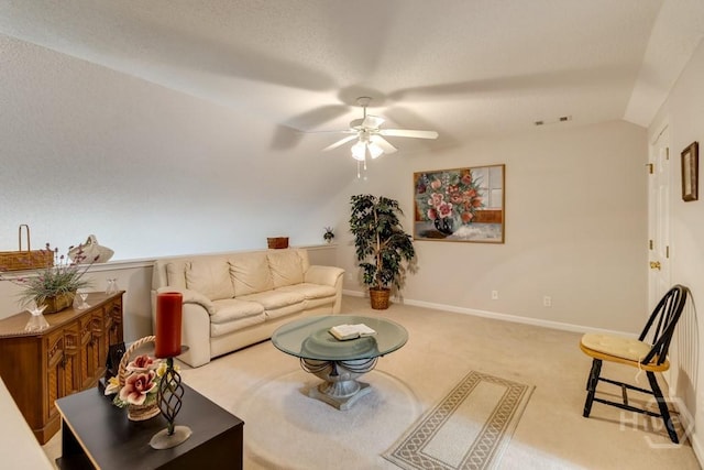 12 Crossing Dr, Richmond Hill, GA 31324 - living area featuring lofted ceiling, a ceiling fan, carpet floors, and a textured ceiling