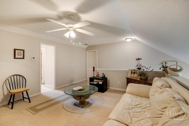 12 Crossing Dr, Richmond Hill, GA 31324 - living area with a textured ceiling, vaulted ceiling, light carpet, and ceiling fan