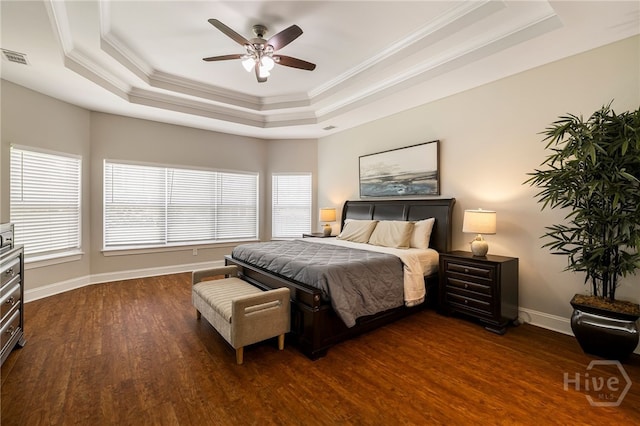 28 Misty Marsh Dr, Savannah, GA 31419 - bedroom with a raised ceiling, dark wood-style floors, ornamental molding, and ceiling fan