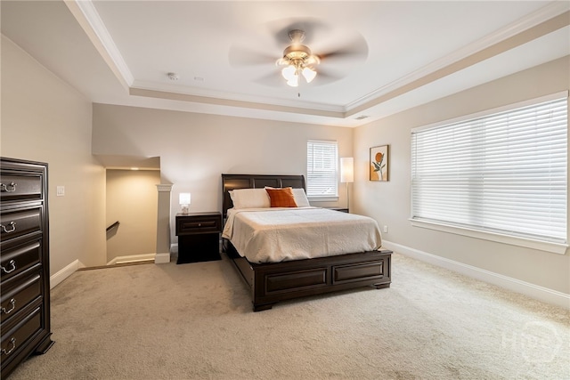 28 Misty Marsh Dr, Savannah, GA 31419 - bedroom with a tray ceiling, ornamental molding, light colored carpet, and a ceiling fan