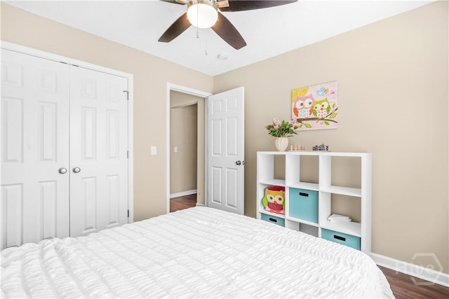 139 Crossover Ln, Savannah, GA 31410 - bedroom featuring a closet, dark wood finished floors, and ceiling fan