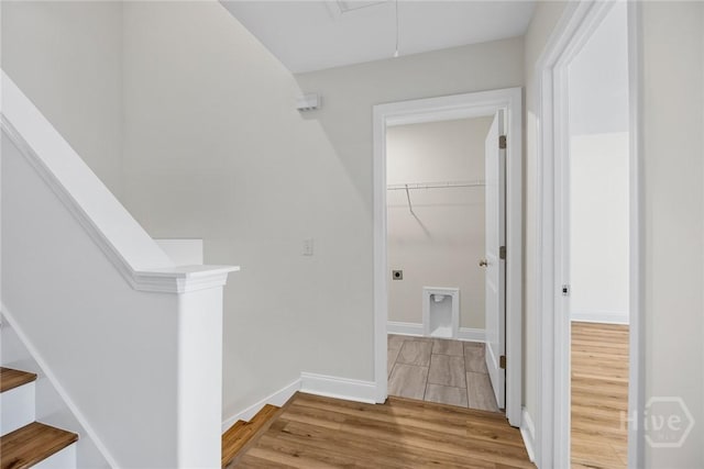 13 Abaco Ct, Savannah, GA 31419 - hallway with wood finished floors, attic access, and an upstairs landing