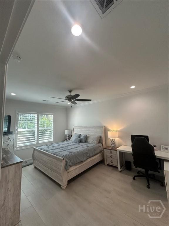 275 Heron Ct, Saint Marys, GA 31558 - bedroom featuring light wood-style floors, an office area, ceiling fan, and recessed lighting