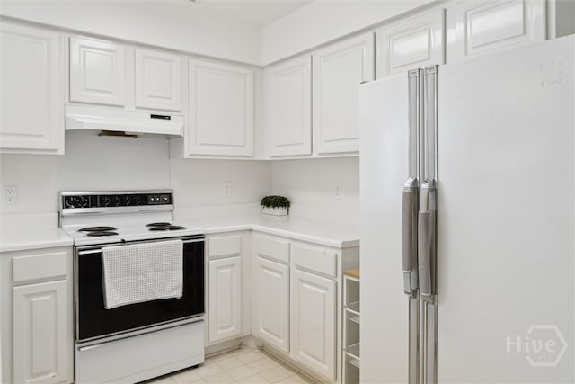 4 Jackson Ct, Savannah, GA 31405 - kitchen featuring white appliances, under cabinet range hood, white cabinets, light countertops, and light tile patterned floors