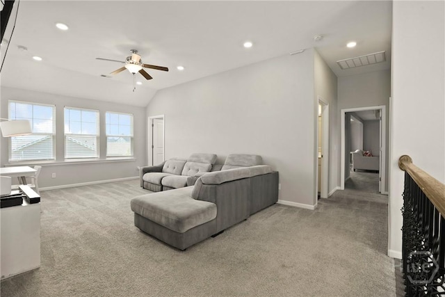 11 Shoefstall St, Savannah, GA 31407 - carpeted living room featuring a ceiling fan, recessed lighting, and lofted ceiling
