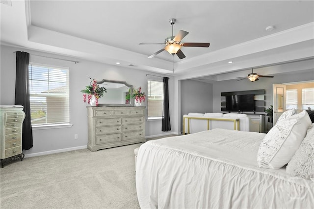 11 Shoefstall St, Savannah, GA 31407 - bedroom with a tray ceiling, light colored carpet, recessed lighting, and ceiling fan