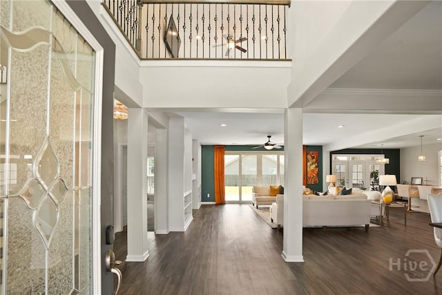 11 Shoefstall St, Savannah, GA 31407 - foyer entrance with dark wood-style floors, ceiling fan, and a high ceiling