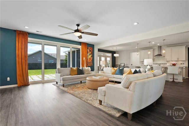 11 Shoefstall St, Savannah, GA 31407 - living room with dark wood-style floors, recessed lighting, and ceiling fan