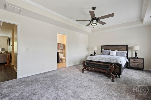 30 Melody Dr, Pooler, GA 31322 - bedroom featuring carpet, ornamental molding, a raised ceiling, ensuite bathroom, and ceiling fan