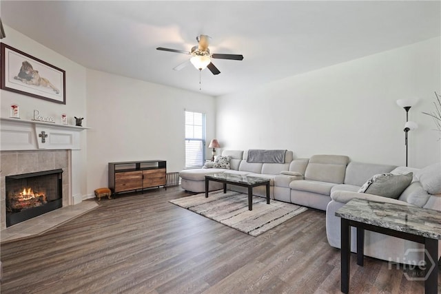 30 Melody Dr, Pooler, GA 31322 - living room featuring ceiling fan, wood finished floors, and a fireplace