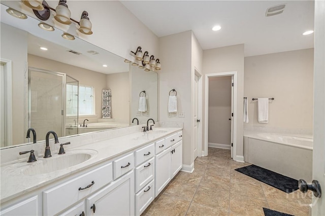 210 Windsong Dr, Richmond Hill, GA 31324 - full bath featuring a garden tub, a stall shower, double vanity, and recessed lighting