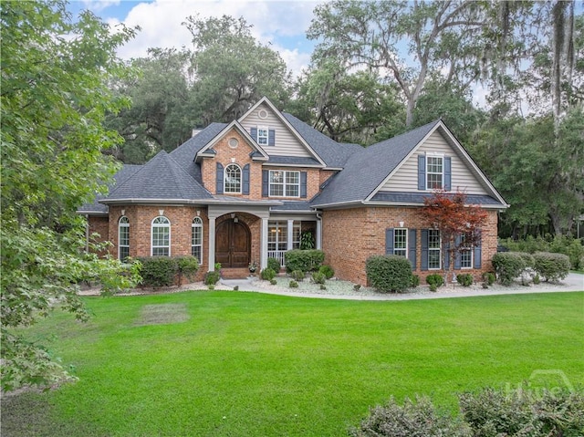 210 Windsong Dr, Richmond Hill, GA 31324 - traditional-style home with brick siding, a front lawn, a shingled roof, and view of scattered trees