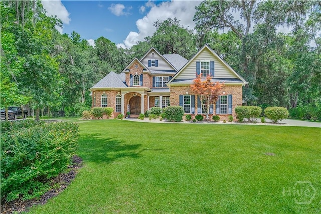 210 Windsong Dr, Richmond Hill, GA 31324 - traditional-style house featuring brick siding, a front lawn, and covered porch