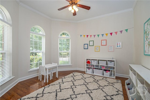210 Windsong Dr, Richmond Hill, GA 31324 - office with wood finished floors, crown molding, and a ceiling fan