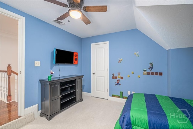 210 Windsong Dr, Richmond Hill, GA 31324 - bedroom featuring vaulted ceiling, light colored carpet, and ceiling fan