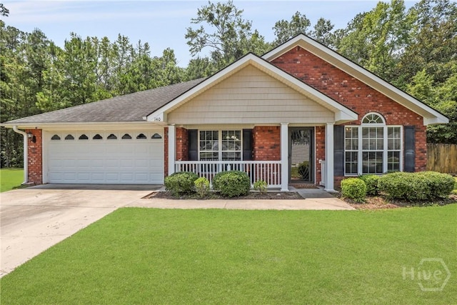 140 Kettle Creek Ln, Midway, GA 31320 - ranch-style home featuring brick siding, a porch, a front yard, and a garage